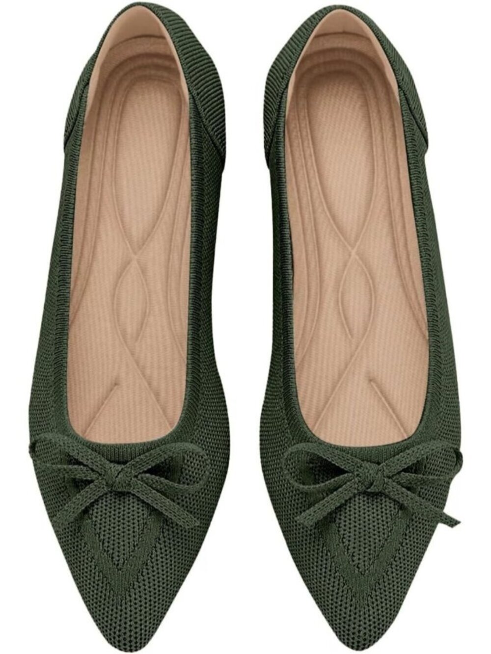Women's Green Knit Ballet Flats Pointed Toe Bow Comfortable Dressy Shoes